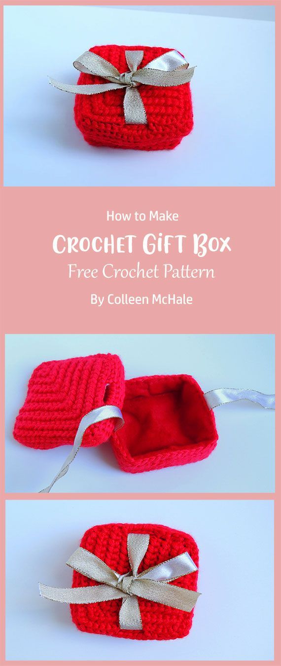 the crochet gift box is made with yarn and ribbon