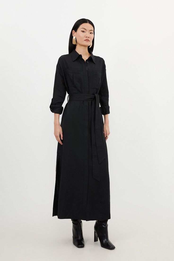 Viscose Linen Woven Tie Maxi Shirt Dress - Black - Embrace effortless sophistication in this linen shirt dress. Long sleeves and a self-tie belt ensure a flattering fit, style this maxi dress with boots or sandals depending on the weather.Linen fabricCollared necklineLong sleevesSelf-tie belt Black Button Up Shirt Dress Outfit, Black Midi Shirt Dress Outfit, How To Style Long Shirt Dress, Maxi Shirt Dress Outfit, Black Linen Dress Outfit, Shirt Dress And Boots, Maxi Dress With Boots, Long Dress With Boots, Long Button Up Dress