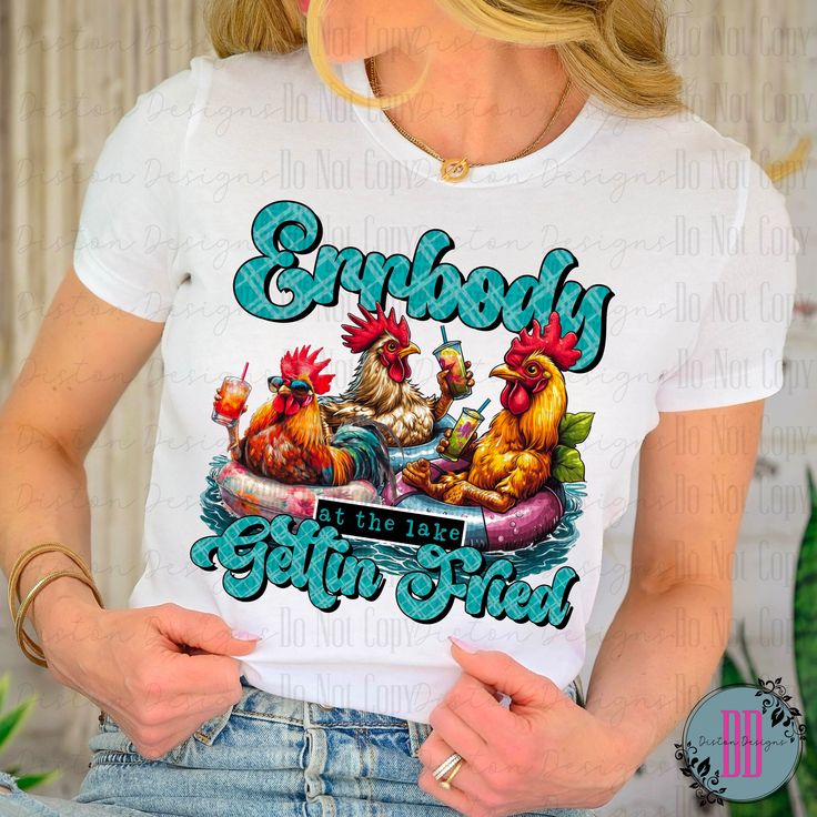 a woman wearing a white t - shirt with the words everybody is going to fish on it