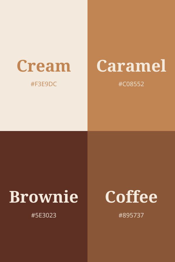 An image displaying a warm brown color palette with four shades: Cream (#F3E9DC), Caramel (#C08552), Brownie (#5E3023), and Coffee (#895737) Brown And Cream Palette, Caramel Brown Color Palette, Canva Brown Palette, Brown And Silver Color Palette, Cozy Colour Scheme, Cream Palette Color, Brown Hues Colour Palettes, Human Color Palette, Warm Browns Palette