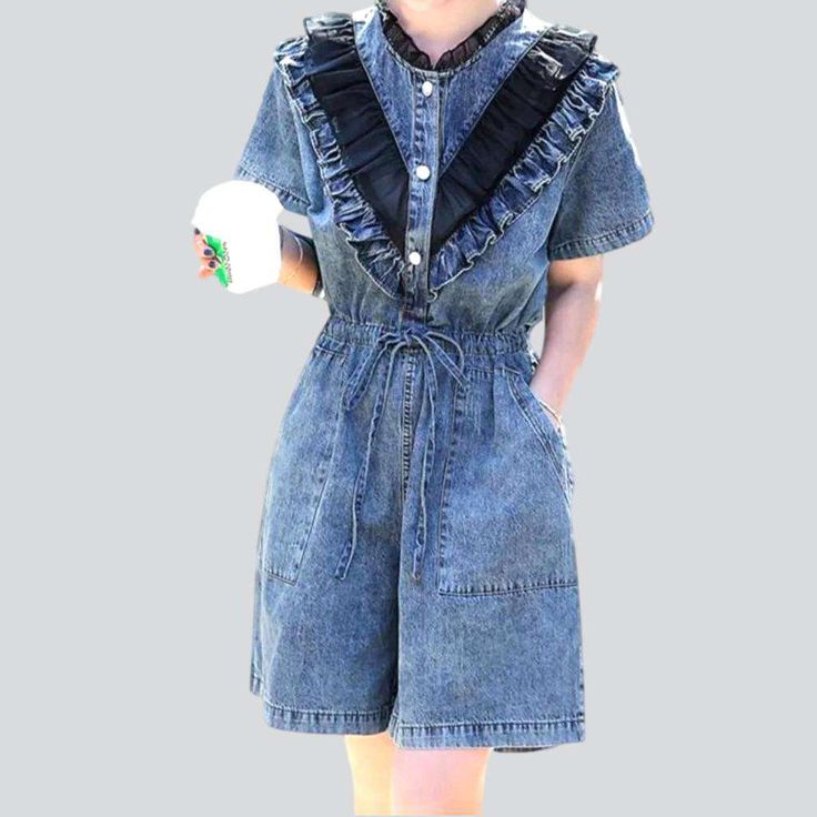 Introducing our 2023 Summer Collection ââ‚?denim overall shorts with ruffles. the perfect combination of street style and traditional elegance!Why They're Your Next Summer StapleThese shorts are designed to embody the spirit of rebellion intertwined with a refined sophistication. reflecting the perfect blend of contemporary trendy and nostalgic rock-n-roll. Embroidered with edgy damaged pattern. these shorts are sure to make a statement and give an effortlessly cool attitude.Key Highlights: Grun Casual Summer Jumpsuits And Rompers With Ruffles, Casual Cotton Jumpsuits And Rompers With Ruffles, Chic Denim Shortalls For Summer, Trendy Cotton Ruffle Shorts, Spring Ruffle Overalls, Spring Ruffled Overalls, Summer Denim Jumpsuit With Ruffles, Chic Denim Shortalls For Spring, Relaxed Fit Shortalls For Summer