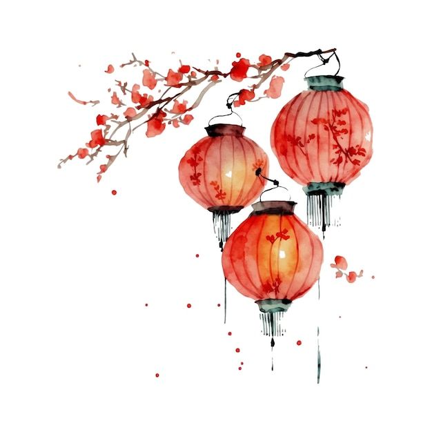 three chinese lanterns hanging from a tree branch with red flowers on it stock photo, picture and royalty