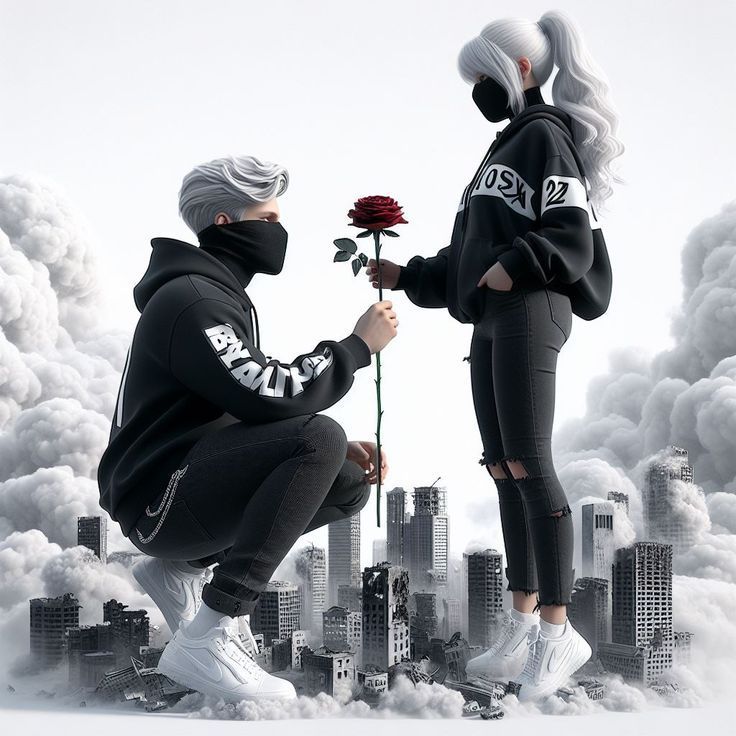 two people in black hoodies and white sneakers holding a red rose while standing next to each other