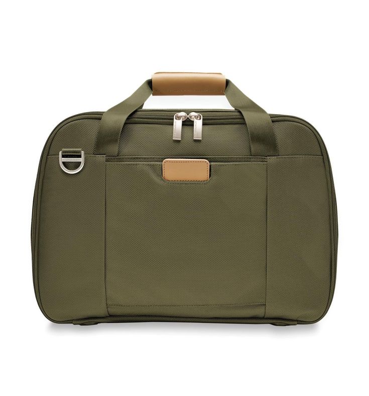 an olive green travel bag with wooden handles