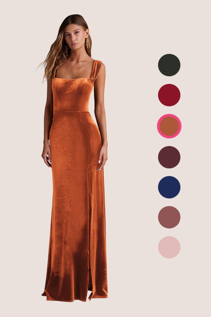 a woman wearing an orange dress with different colors on it and the color guide below her