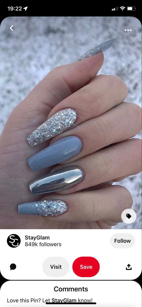 Silver Sparkly Nails, Jennifer Nails, Sparkly Acrylic Nails, Blue Wedding Nails, Blue And Silver Nails, Bridesmaids Nails, Gray Nails, Blue Nail Designs, Sparkly Nails