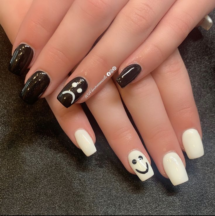 Happy or sad? Acrylic full set with a little free hand art. #101customnails #nails #nailary #freehand #happy #sad Acrylic Full Set, Fake Nails Designs, Short Fake Nails, Cute Gel Nails, Girls Nails, Hand Art, Free Hand, Happy Face, Short Nails