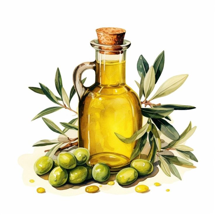 an oil bottle filled with green olives next to some sprigs and leaves