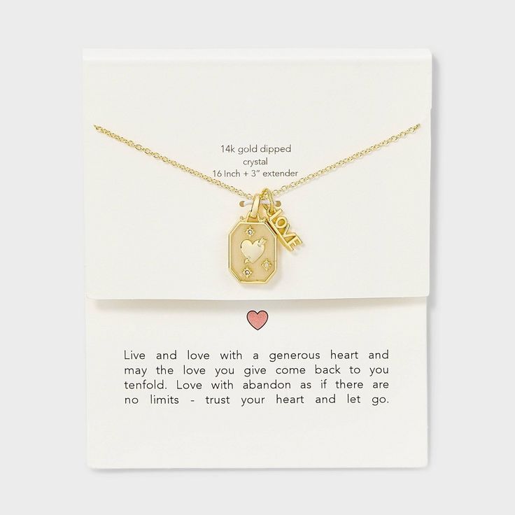 Elevate your style with 14k Gold Dipped "Love", Heart and Crystal Stars Tag Charm Necklace in Gold, a symbol of luck and hope. This delicate necklace features a beautifully crafted heart, love and stars made from durable material that shines with a subtle, elegant luster. The pendant hangs gracefully on a fine gold chain, making it perfect for layering or wearing alone as a statement piece. Ideal for daily wear or special occasions. Gold Heart Charm Necklace For Best Friend, Inspirational Gold Necklaces For Valentine's Day, Inspirational Gold Necklace For Valentine's Day, Gold Heart Necklace With Meaningful Style, Meaningful Gold Heart-shaped Necklace, Inspirational Gold Heart Jewelry, Inspirational Gold Necklaces For Gifts, Inspirational Heart-shaped Gold Jewelry, Inspirational Gold Necklace