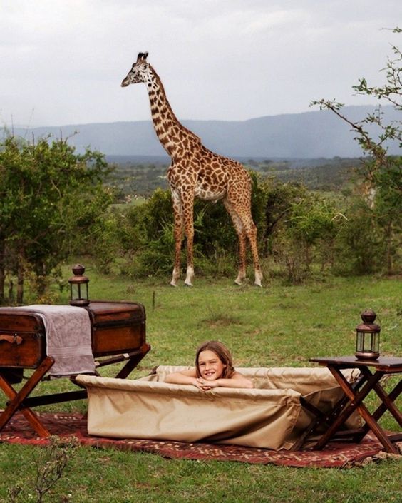 a giraffe standing next to a woman laying in a bathtub on top of a lush green field