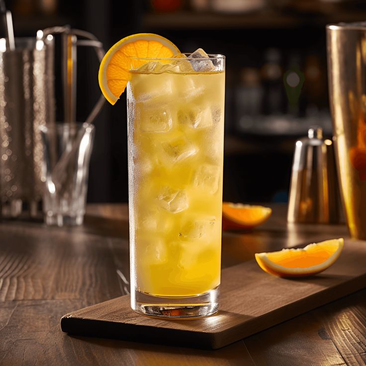 a tall glass filled with ice and orange slices on top of a wooden cutting board