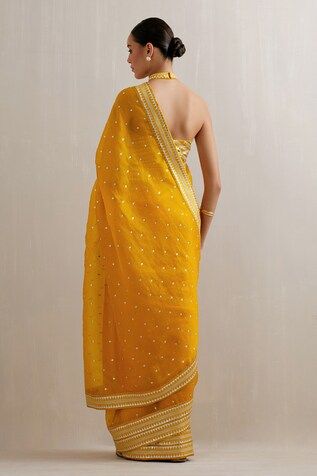 Mango yellow saree with aari, sequin, zari embroidery. Paired with halter neck embroidered blouse and petticoat. - Aza Fashions Mango Yellow Saree, Mirror Saree, Saree Yellow, Mango Yellow, Zari Embroidery, Saree Silk, Yellow Saree, Silk Organza, Embroidered Blouse