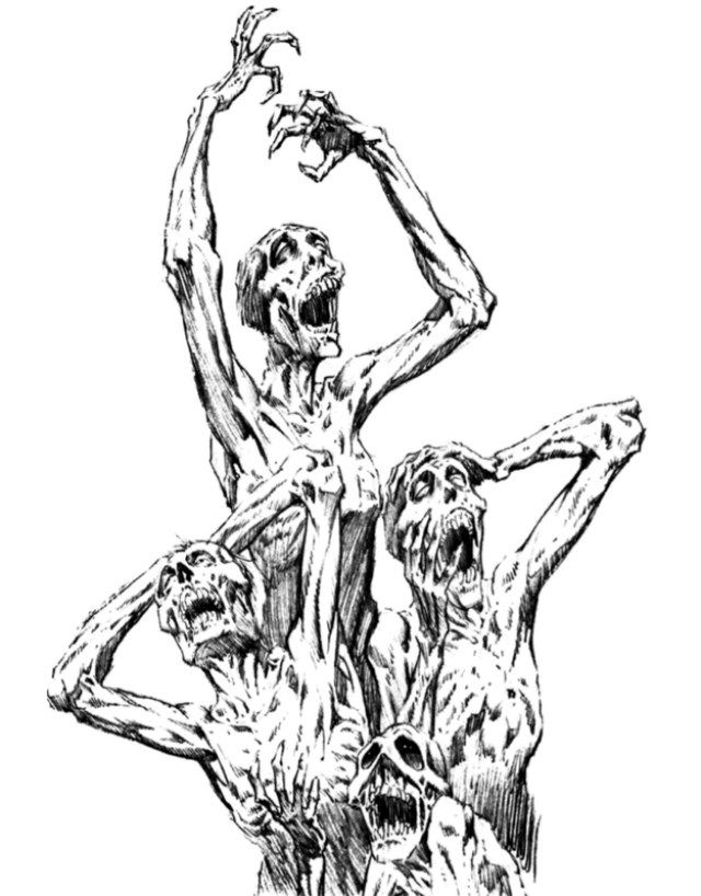 a black and white drawing of three zombies with their hands up in the air