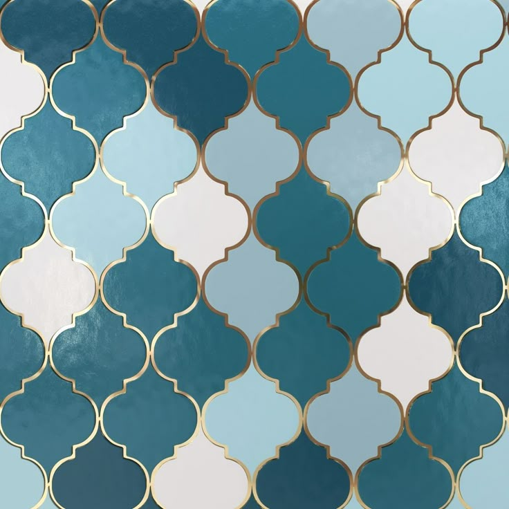 an abstract blue and white tile pattern with gold foiling on the bottom half of it