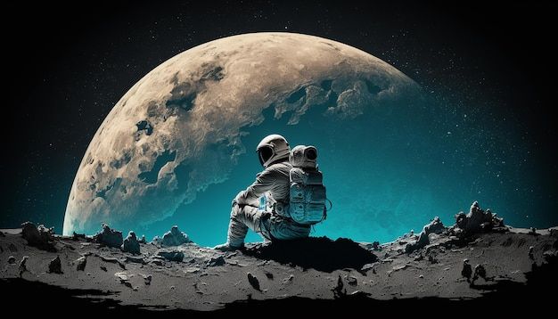 an astronaut sitting on the moon gazing at the earth's horizon with penguins around him