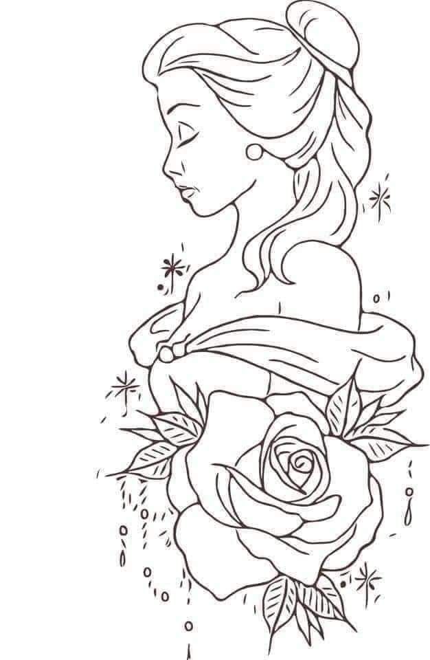 a princess with a rose tattoo design on her arm and shoulder, in black ink