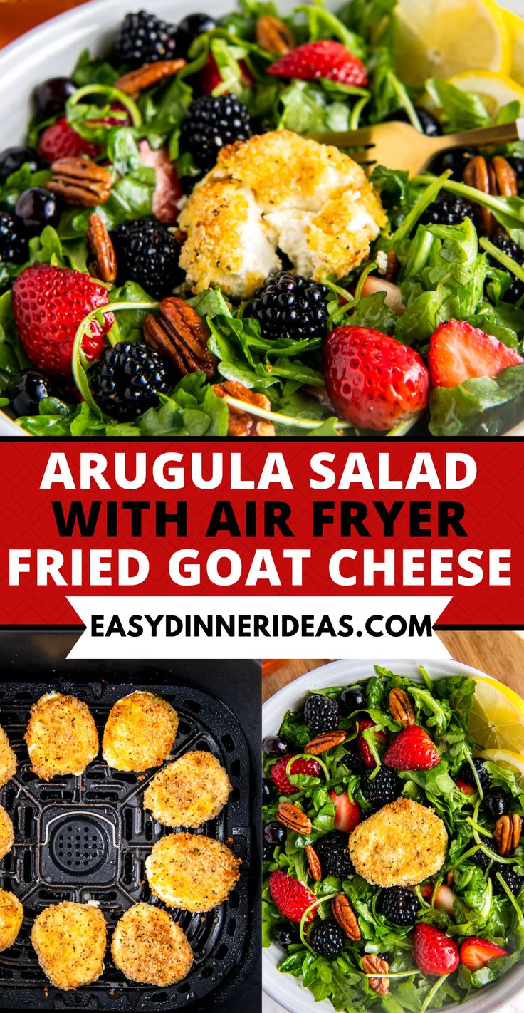 This arugula salad is bursting with sweetfresh berries and topped with a honey mustard salad dressing and warmcrispy fried goat cheese Salad With Fried Goat Cheese, Fried Goat Cheese Air Fryer, Salads With Goat Cheese Recipes, Air Fryer Salad, Fried Cheese Salad, Salad Recipes Goat Cheese, Air Fryer Goat Cheese, Easy Arugula Salad, Fried Goat Cheese Salad