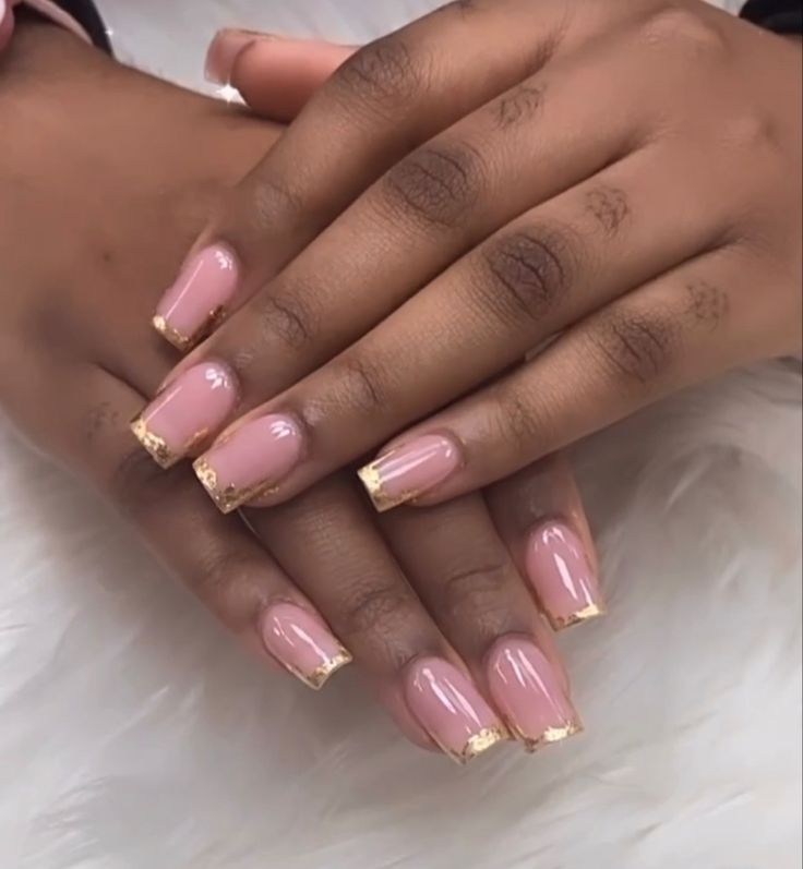 Pink Nails With Gold Foil, Nude Nails With Gold Foil, Gold Foil Nail Designs, Gold And Pink Nails, Pink Nails With Gold, Nails With Gold Flakes, Gold Foil Nails, Nude Pink Nails, Foil Nail Designs