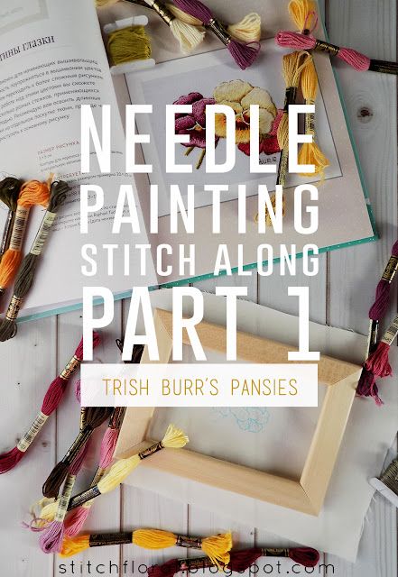 needle painting stitch along part 1 - irish bur's pansies, with text overlay