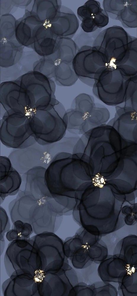 black and gold flowers are floating in the air on a blue background with white dots