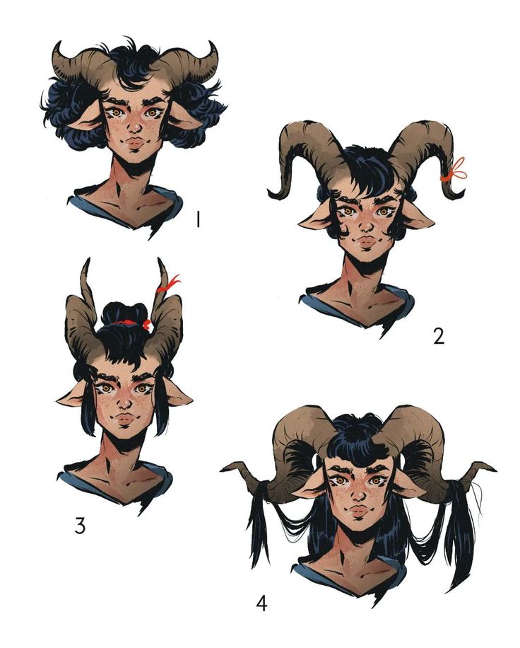 four different poses of a woman with horns on her head and hair in various positions