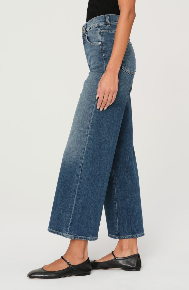 Made from low-stretch denim with vintage-inspired character, these medium-wash jeans are fitted through the waist and wide through the ankle-length legs. 27" inseam; 21 1/2" leg opening; 11 1/2" front rise Zip fly with button closure Five-pocket style 99% cotton, 1% Lycra® spandex Machine wash, dry flat Imported Denim Blue Washed Cropped Flare Jeans, Washed Denim Blue Cropped Flare Jeans, Casual Ankle-length Denim Bottoms, Fall Cropped Jeans In Washed Blue, Dark Wash Cropped Leg Flare Jeans, Mid-rise Washed Blue Cropped Jeans, Faded Relaxed Fit Cropped Jeans, Dark Wash Cropped Flare Jeans, Faded Cropped Leg Flare Jeans For Fall