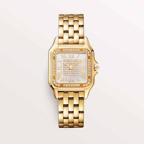 Cartier - Panthère de Cartier watch - Watch Gold/Gold - Panthère de Cartier watch, medium model, quartz movement. 18K yellow gold (750/1000) case set with 44 brilliant-cut diamonds totaling 0.28 carats. Dimensions: 36.5 mm x 26.7 mm, thickness: 6.8 mm. 18K yellow gold (750/1000) octagonal crown set with a brilliant-cut diamond totaling 0.02 carats. Silvered sunray-brushed dial set with 60 brilliant-cut diamonds totaling 0.22 carats, golden-finish sword-shaped hands. 18K yellow gold (750/1000) bracelet. Water-resistant up to 3 bar (approx. 30 meters/100 feet). Cartier Wedding Rings, Cartier Panthere, Cartier Watch, Forever Jewelry, Gold Case, Watch Collection, Brilliant Cut Diamond, Luxury Watches, Quartz Movement