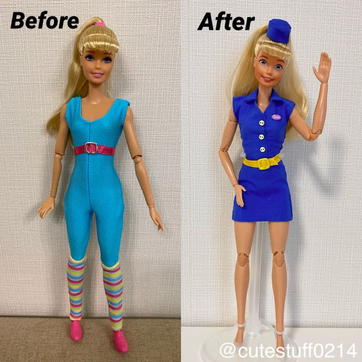 two barbie dolls side by side, one in blue and the other in pink