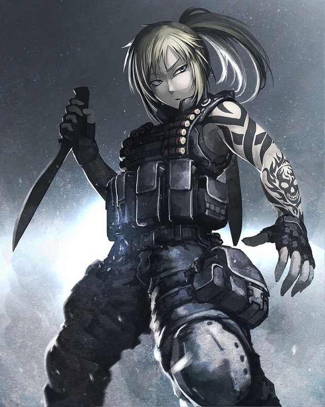 an anime character holding a knife and wearing armor