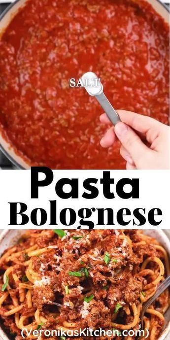 pasta bologinee with meat and sauce in a pan, on top of a plate