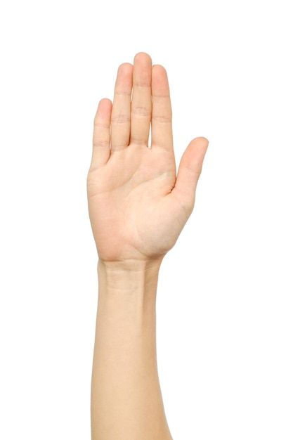 a person's hand is holding their palm up in the air against a white background