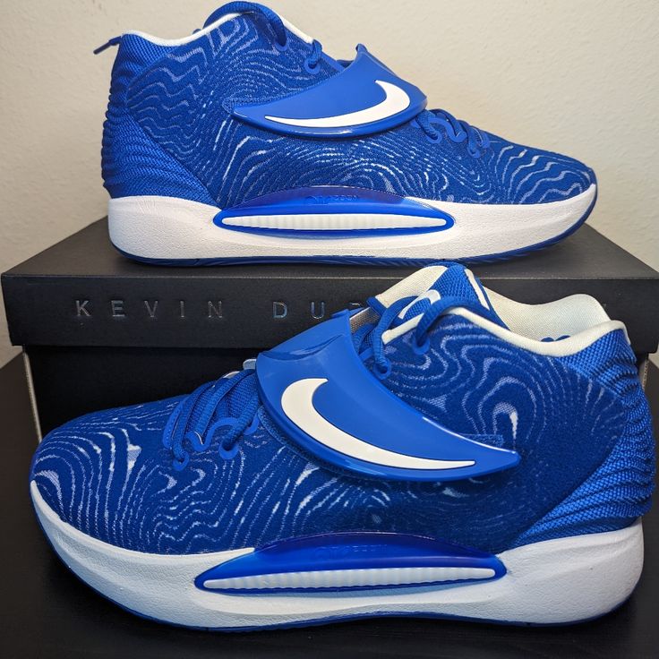 Nike Kevin Durant Kd 14 Tb Game Royal Blue White Black Da7850-400 Men's Nike Blue Basketball Shoes With Boost Midsole, Blue Round Toe Basketball Shoes With Rubber Sole, Blue Round Toe Basketball Shoes, Sporty Blue Slip-on Basketball Shoes, Nike Blue Basketball Shoes With Cushioned Footbed, Blue Leather Breathable Sneakers, Blue Mid-top Basketball Shoes For Training, Dynamic Blue Synthetic Basketball Shoes, Luxury Blue Dynamic Basketball Shoes