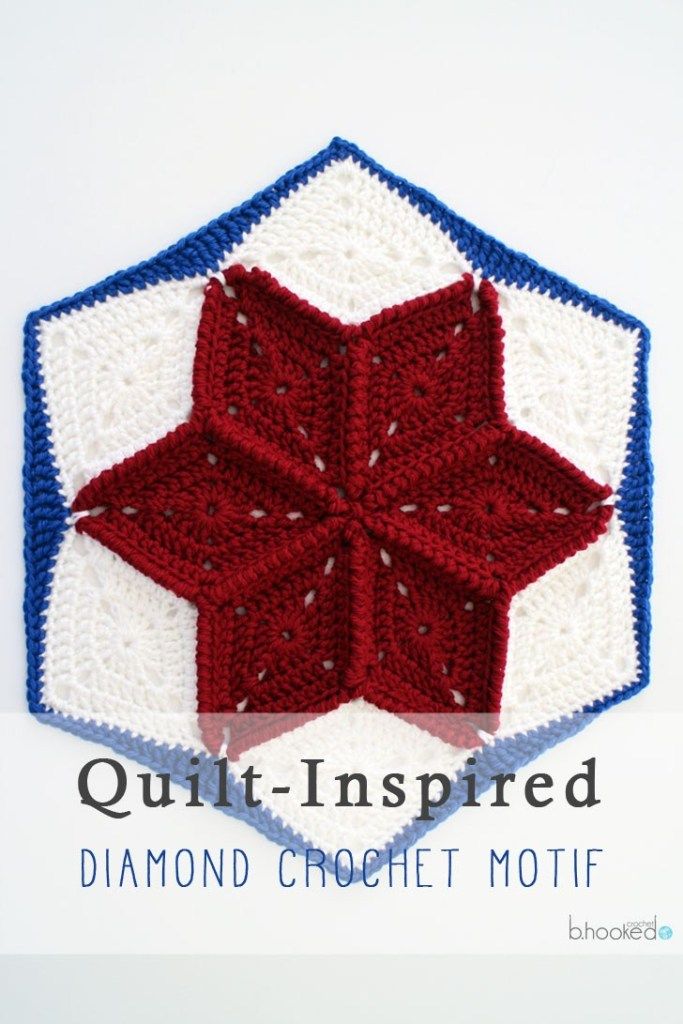 a red, white and blue crocheted star is shown in the shape of a hexagon