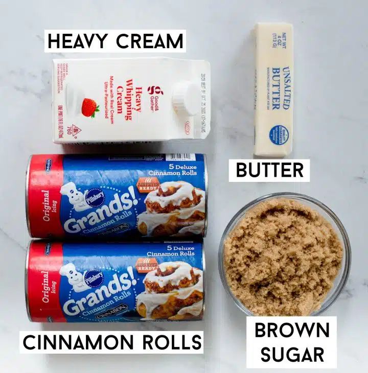 the ingredients needed to make an ice cream dessert are shown in three separate images, including cinnamon rolls, brown sugar and peanut butter