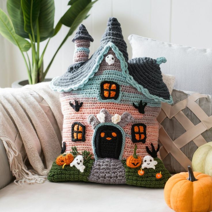 a crocheted house pillow sitting on top of a couch next to a pumpkin