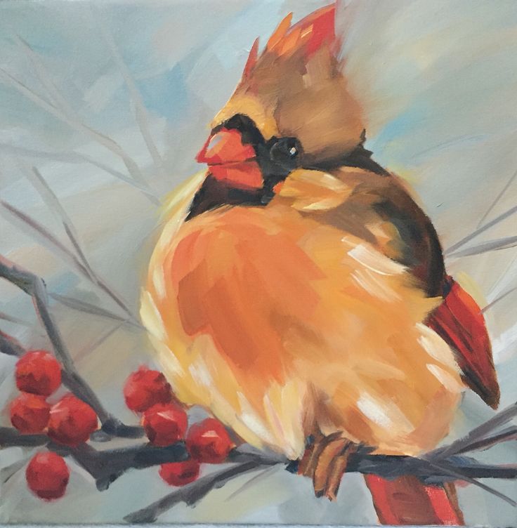 a painting of a bird on a branch with berries