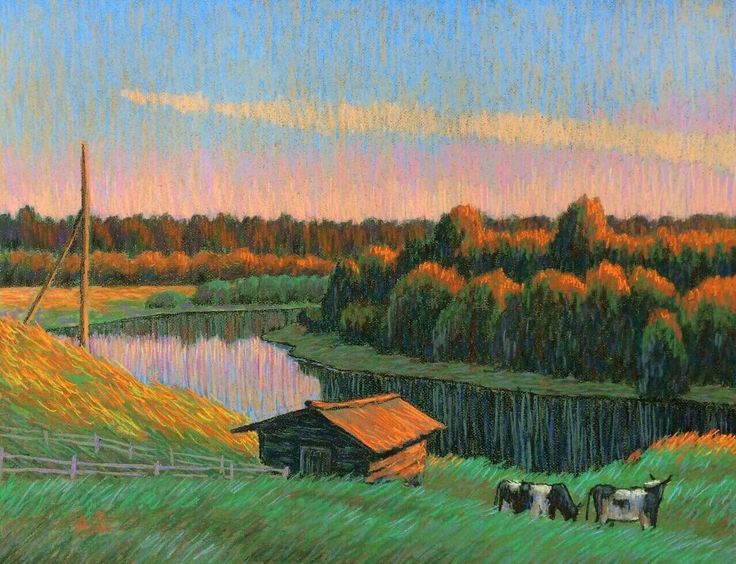 an oil painting of cows grazing in a field next to a river and trees with orange leaves