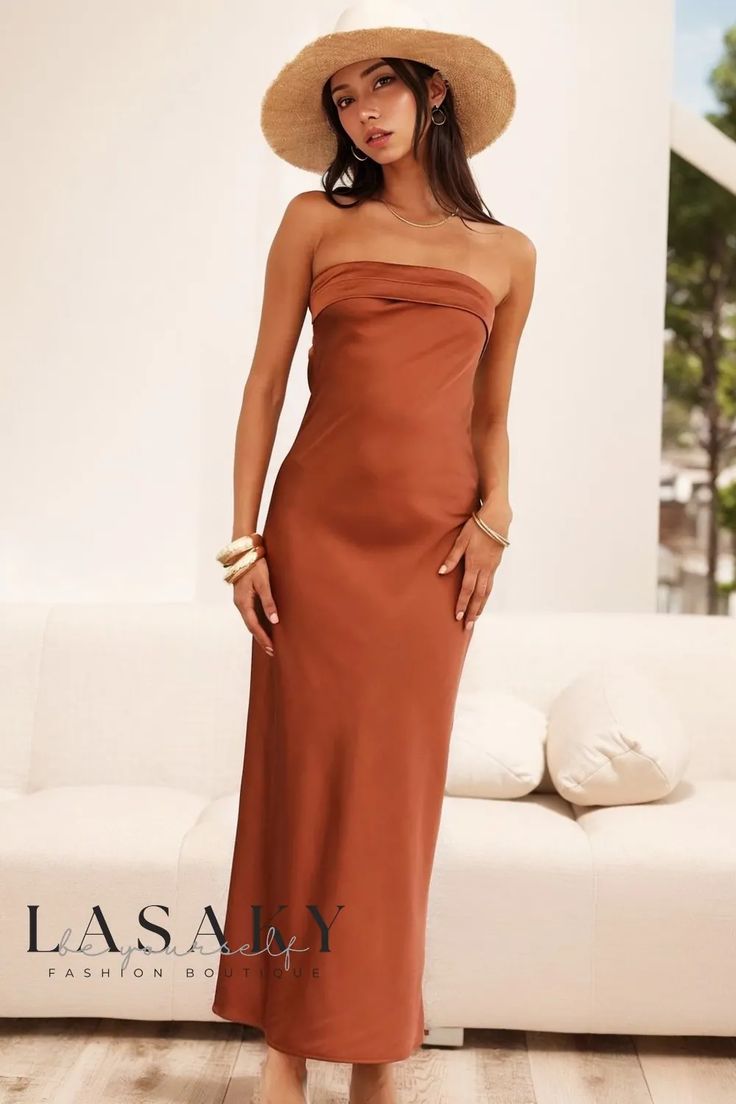 Lasaky - Versatile Wrap-Front Bodycon Dress in Solid Color, Featuring Elegant Open Back and Luxurious Knit Satin Finish Long Evening Dresses Elegant, Satin Style, Pencil Skirt Dress, Sleeveless Dresses, Mini Robes, Maxi Dress Cocktail, Evening Dresses Elegant, Polyester Satin, Tube Dress