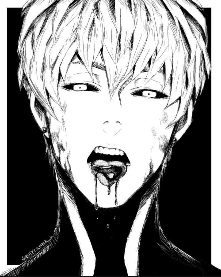 a black and white drawing of a man with his mouth open, dripping blood from his tongue