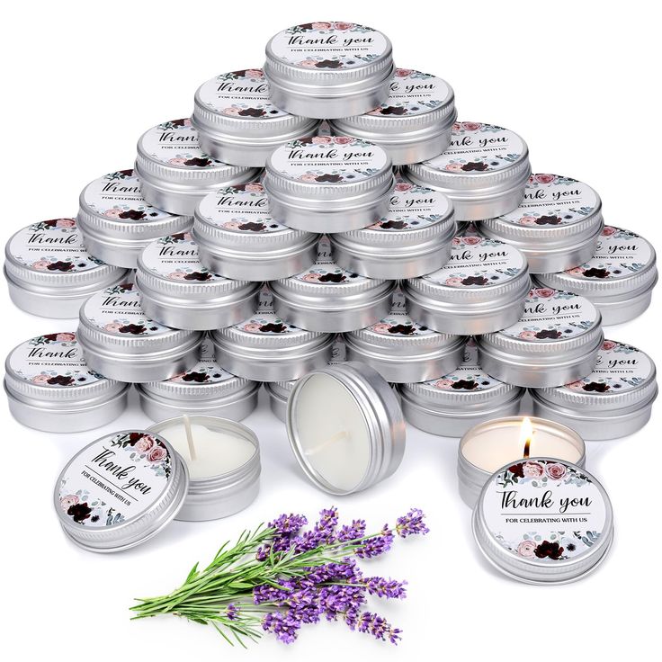 many small tins with lavender flowers and thank you written on them