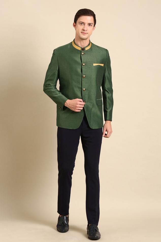 Bottle green kota chanderi bandhgala with statement front buttons.
Components: 1
Neckline: Band collar
Sleeve Type: Long
Fabric: Kota Chanderi
Color: Green
Other Details: 
Closure: Front Buttons
Note: Pant worn by the model is not for sale
Occasion: Sangeet, Cocktail and Reception - Aza Fashions Bottle Green Kurta For Men, Designer Bandhgala With Stand Collar For Festivals, Formal Green Sets For Diwali, Elegant Green Semi-formal Kurta, Designer Bandhgala With Stand Collar For Festive Occasions, Green Nehru Jacket For Wedding Diwali, Green Traditional Semi-formal Sets, Green Ceremonial Kurta For Diwali, Designer Festive Nehru Jacket With Gota Work