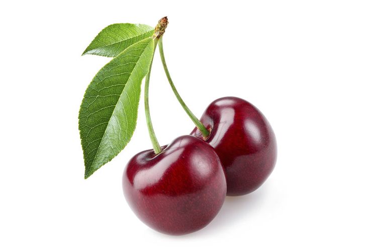 two cherries with green leaves on top of each one, against a white background