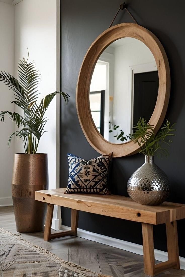 a wooden bench sitting next to a mirror and potted plant on top of it