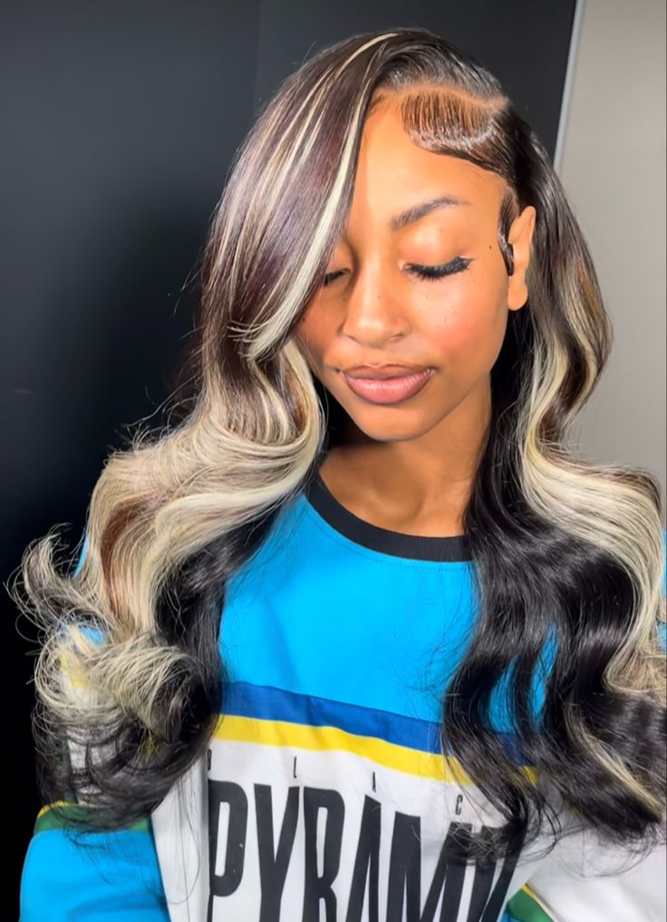 Feed In With Quick Weave, Black Hair Blonde Highlights, Black Hair With Blonde Highlights, Hair Blonde Highlights, Wigs Styles, Bday Hair, Blonde Weave, Platinum Blonde Highlights, Lace Fronts