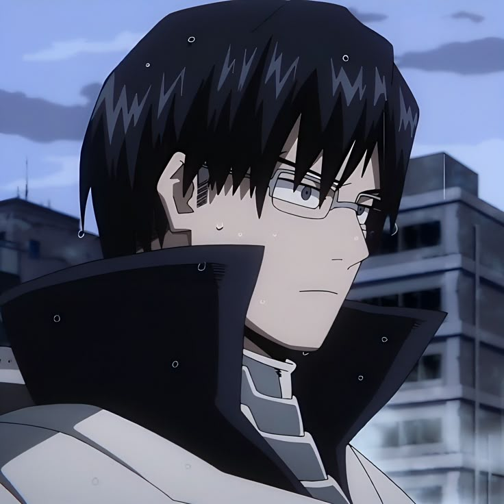 an anime character with black hair and glasses looking at the camera in front of some buildings