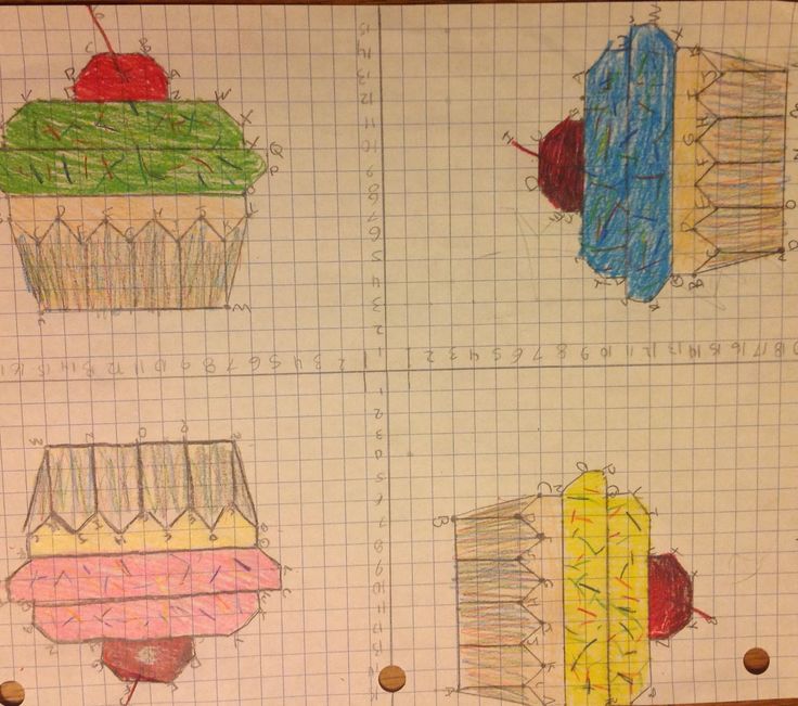 four drawings of cupcakes on graph paper