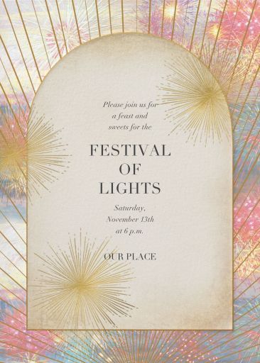 the festival of lights flyer is shown with fireworks in the sky and stars above it