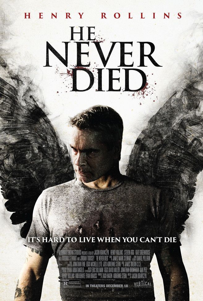 the poster for the movie he never died with an image of a man in grey shirt and angel wings