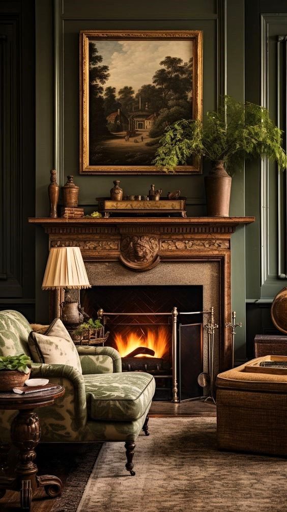 a living room filled with furniture and a fire place in front of a painting on the wall