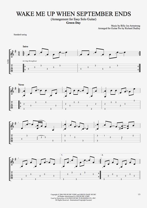 sheet music with the words wake me up when september ends